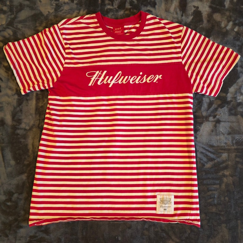HUF‎ x Budweiser Hufweiser Striped T-Shirt Mens Large Red White Collaboration